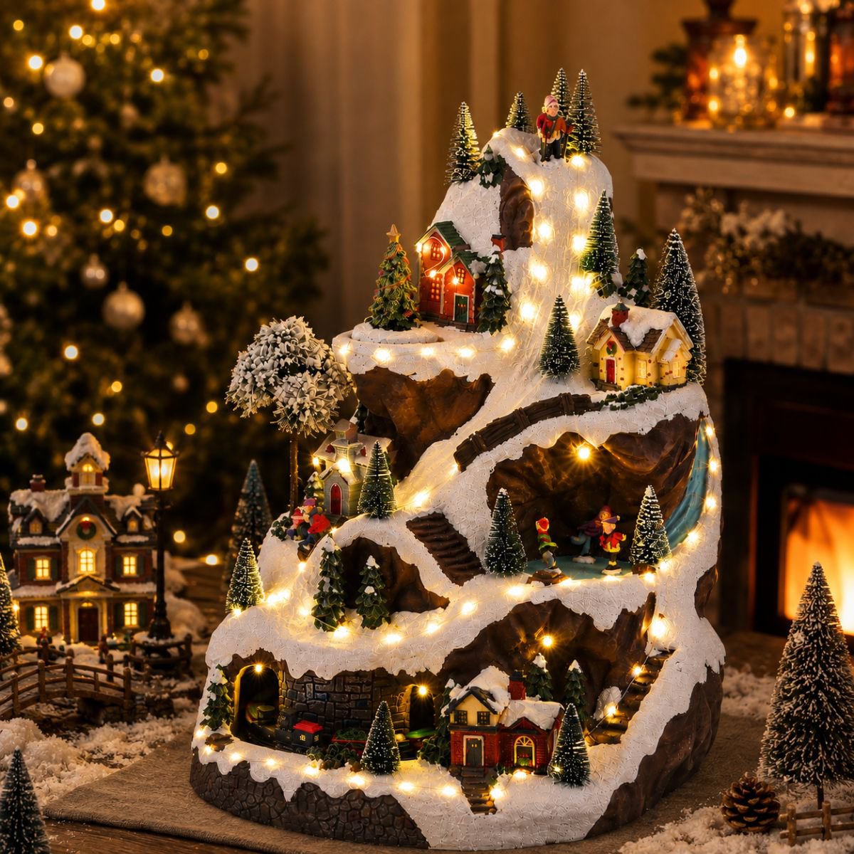 Kerstdorp skipiste met verlichting en bewegende scènes, 33 × 31 × 46 cm