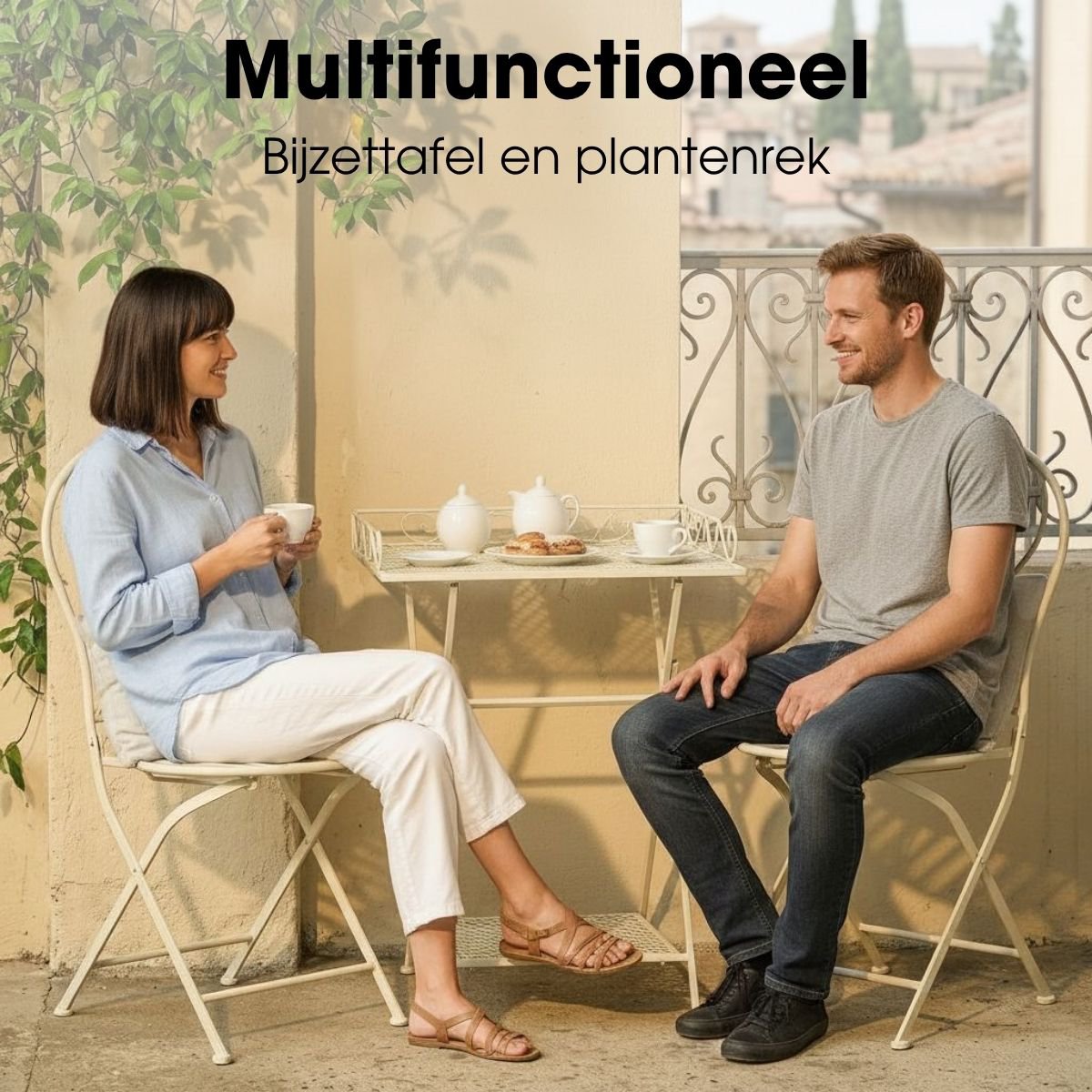 Marseille inklapbare bijzettafel voor buiten in gebroken wit, 50 × 38 × 68 cm