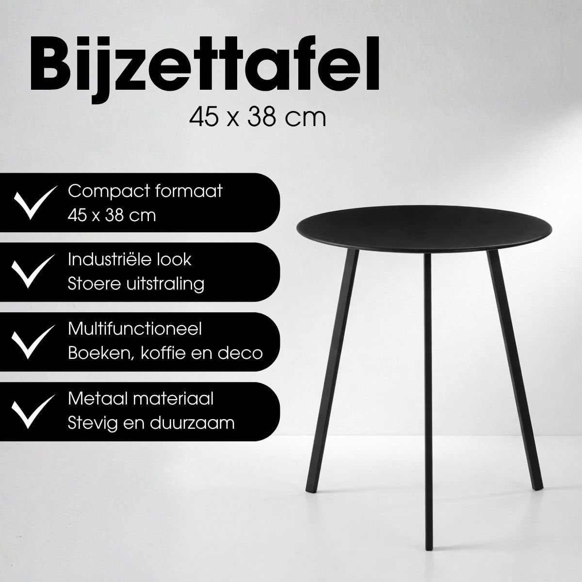 Seattle ronde metalen bijzettafel zwart, 38 × 38 × 45 cm
