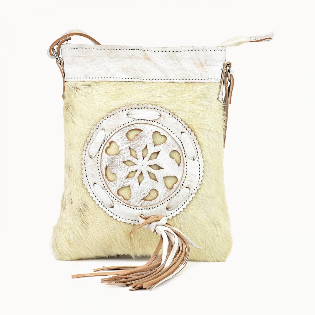 Farin leren heuptas en crossbodytas met koeienhuid, 15 × 3 × 20 cm