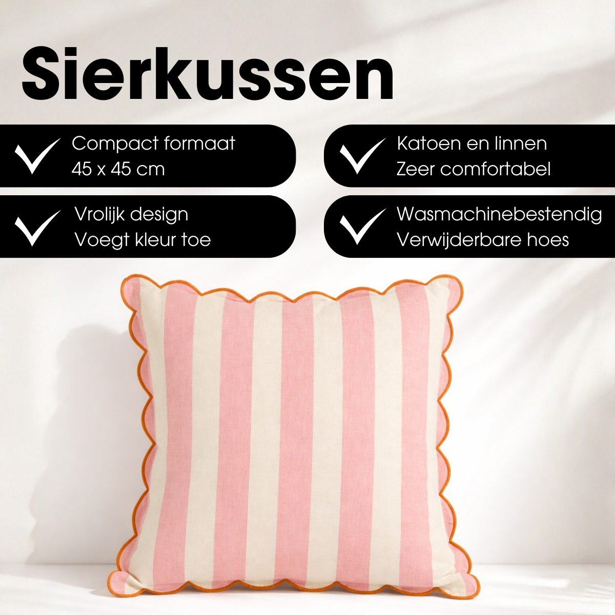 Sierkussen gestreept roze off white, 45 x 45 cm