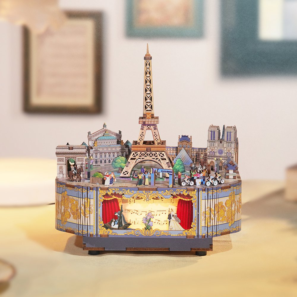 DIY 3D houten muziekdoos Romantic Paris, 16 x 14 x 17,7 cm