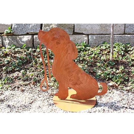 Patinahond “Emi” met hondenriem – roest metalen decoratiefiguur