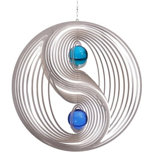 Windspinner yin yang RVS met glaskogels, 23 cm
