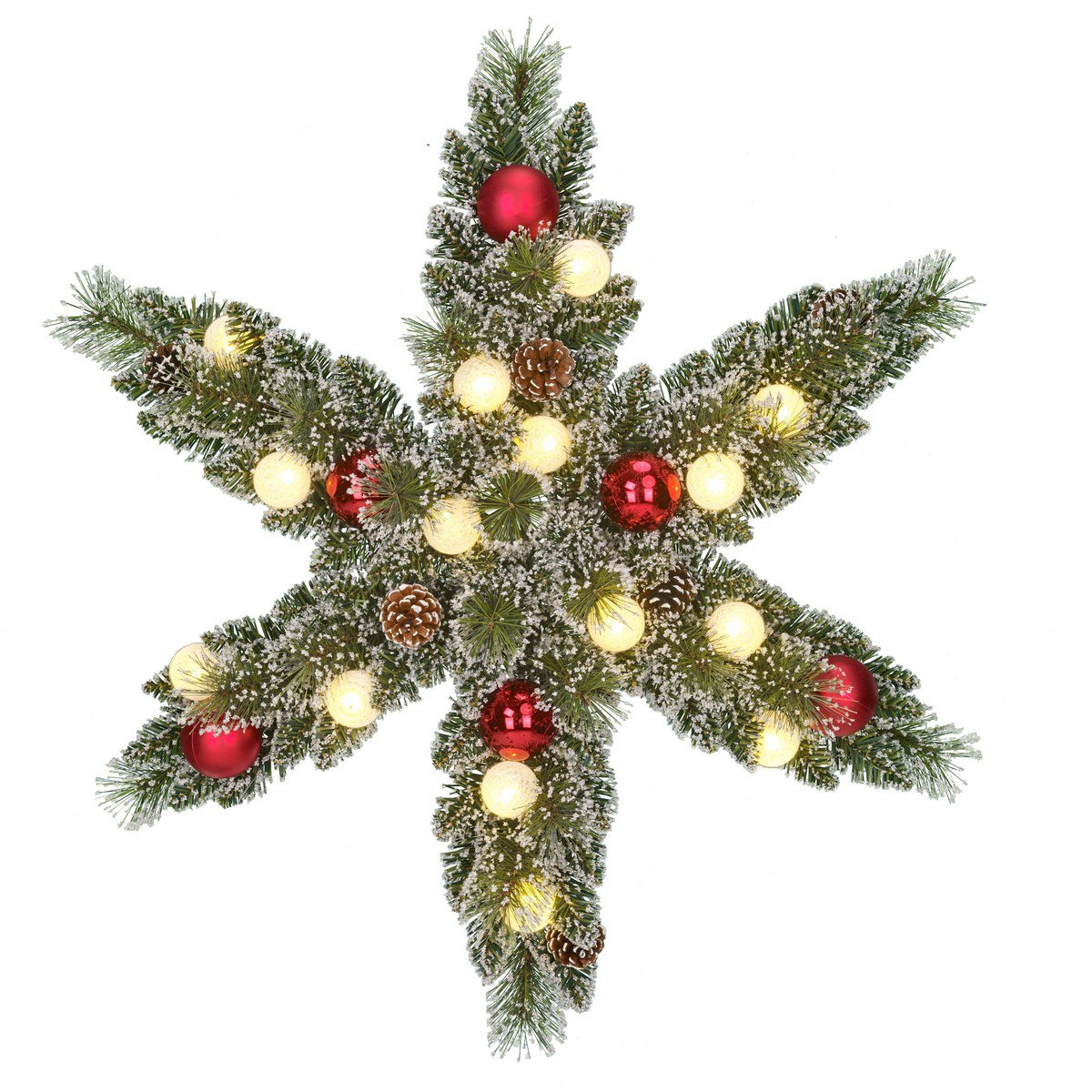 Kaprun stervormige kerstkrans met rijp-effect en verlichting, Ø 60 cm