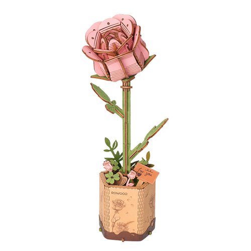 DIY houten bloem roze roos 8,5 x 6,5 x 21 cm