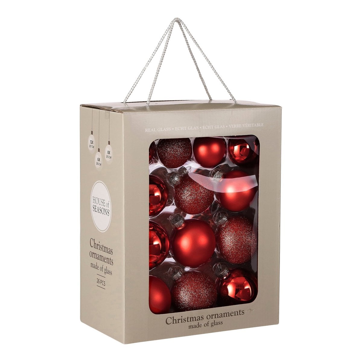 Rode glazen kerstballen set, 26 stuks Ø 5, 6 en 7 cm