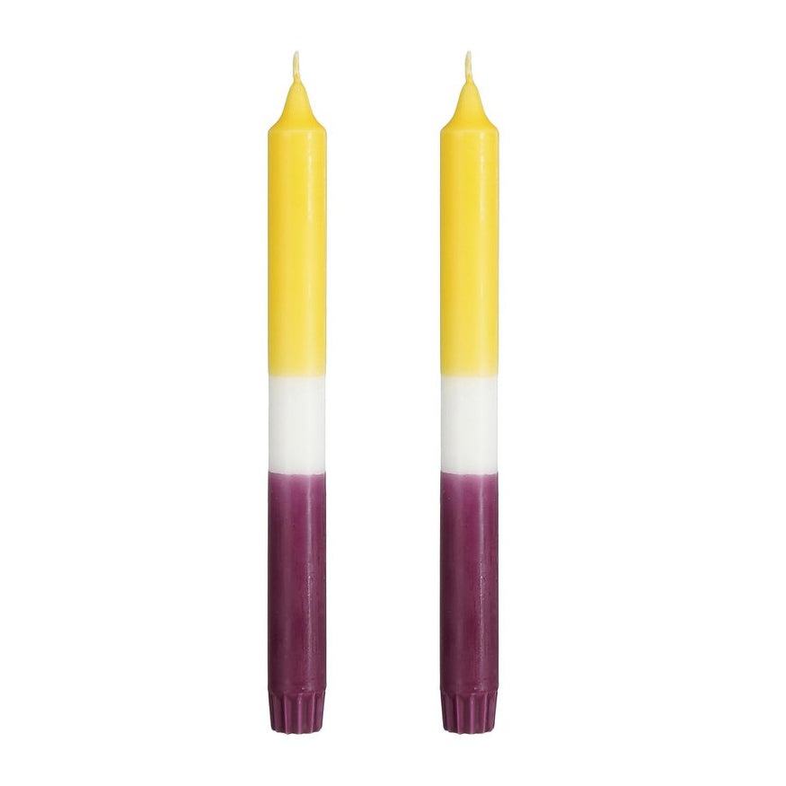 Dip-dye dinerkaarsen in geel, wit en paars, set van 2, 25 cm