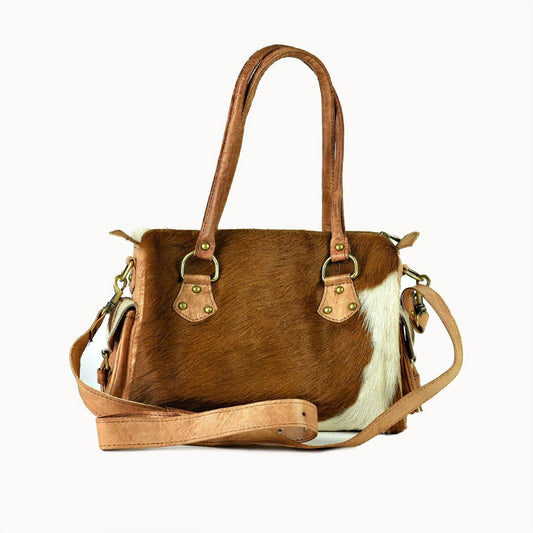 Yasmin leren handtas met koeienvacht, 30 × 15 × 19 cm