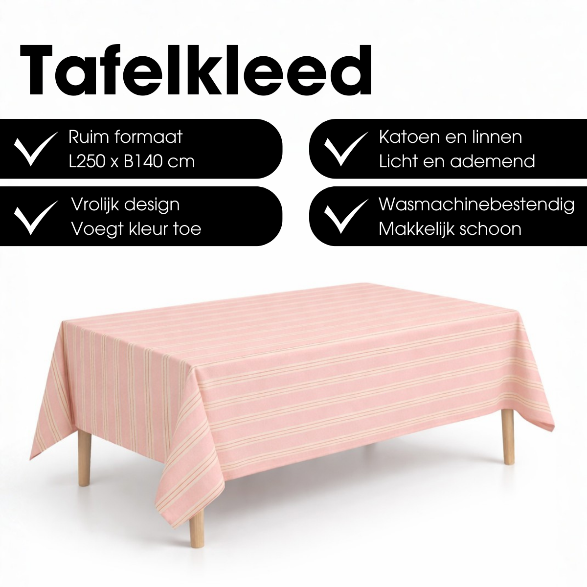 Tafelkleed roze gestreept, 250 x 140 cm