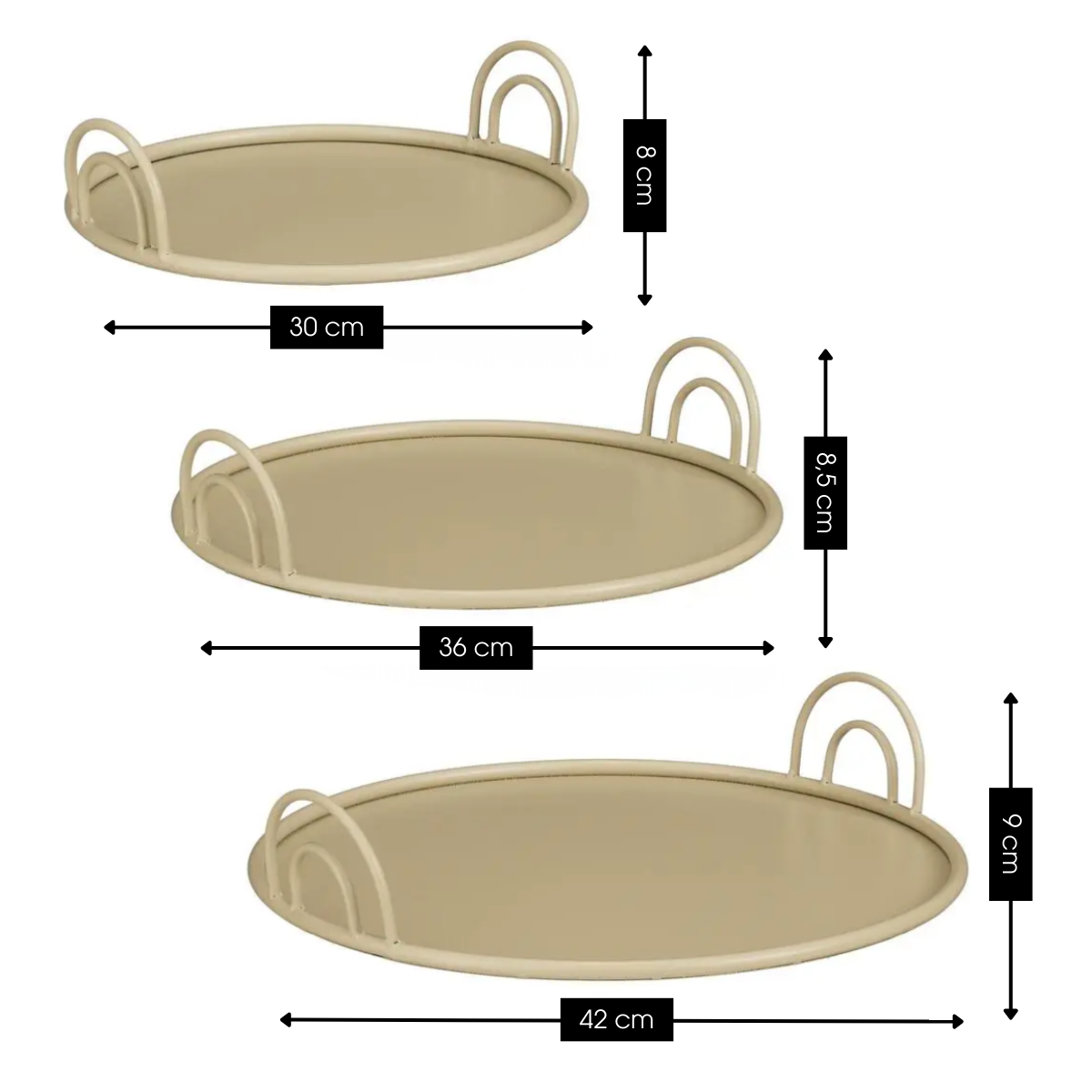 Dienbladen, set van 3 met handgrepen, Ø30, Ø36 en Ø42 cm