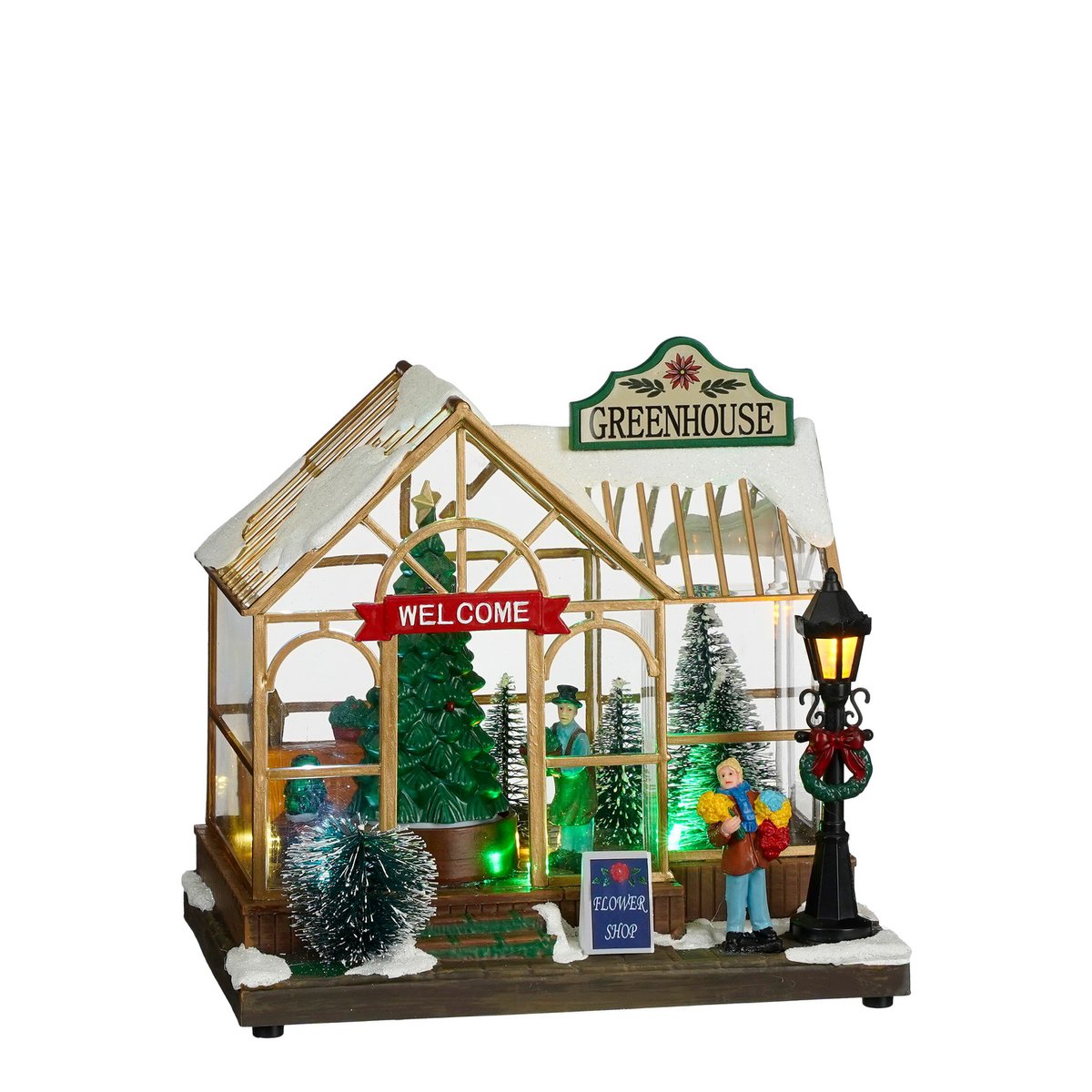 Kerstdorp plantenkas met kerstbomen en verlichting, 21 × 14 × 19,5 cm