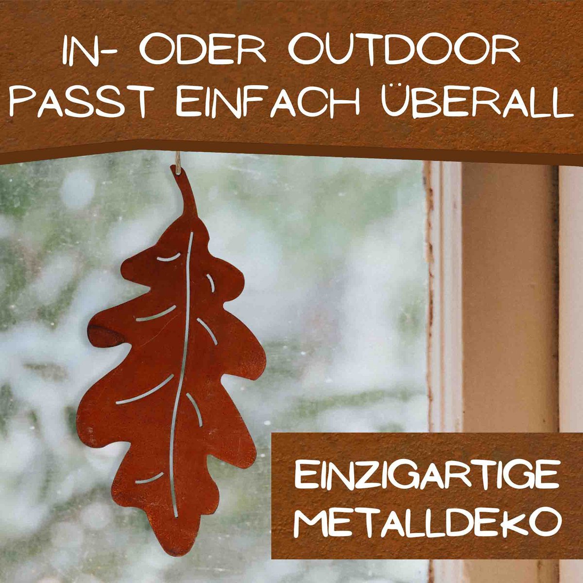 Eikenblad metalen decoratie om op te hangen, roestpatina, 15 × 7 cm