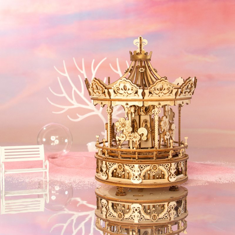 DIY 3D houten muziekdoos Romantic Carousel, 17 x 17 x 23,5 cm