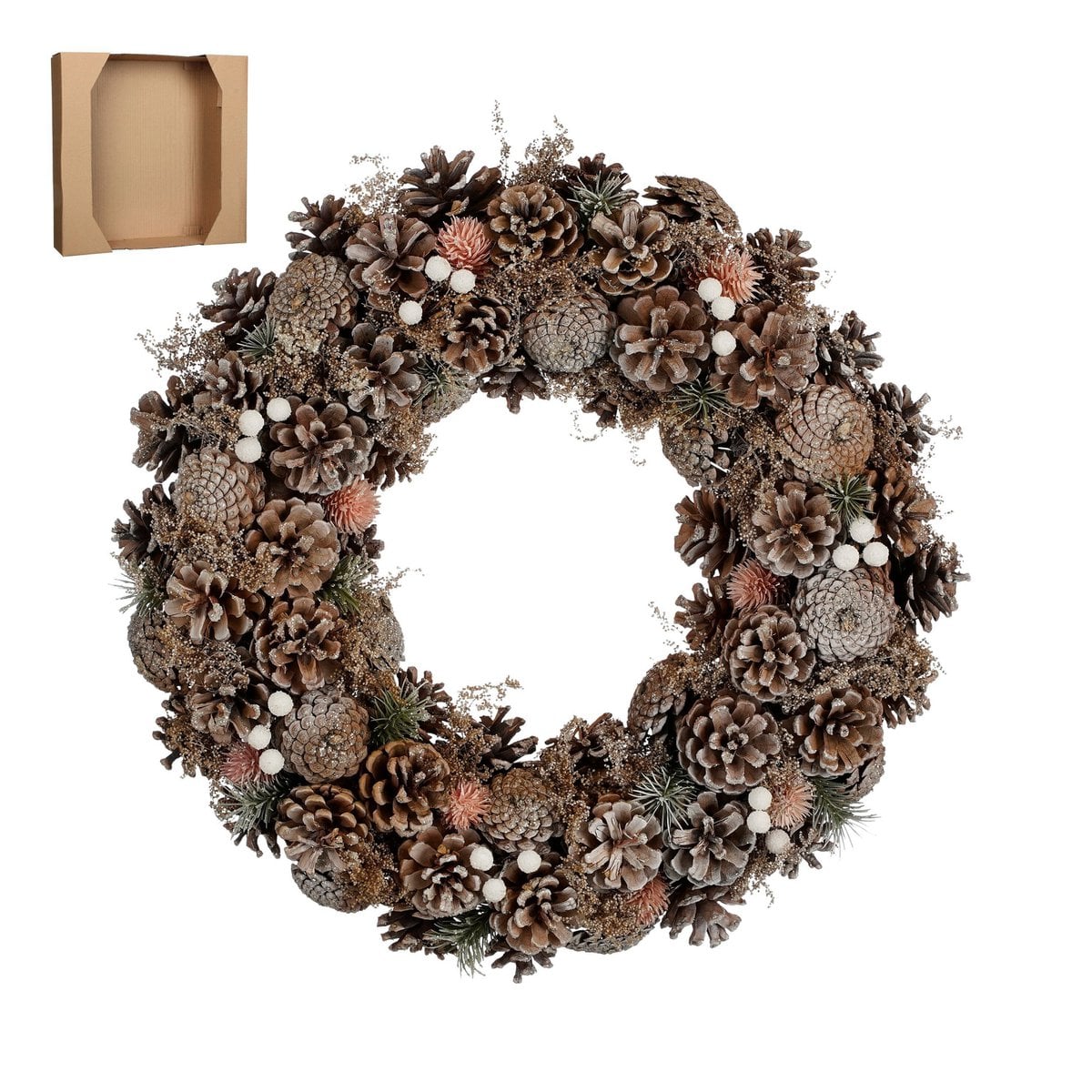 Kerstkrans met dennenappels en perzikkleurige decoratie, 50 cm