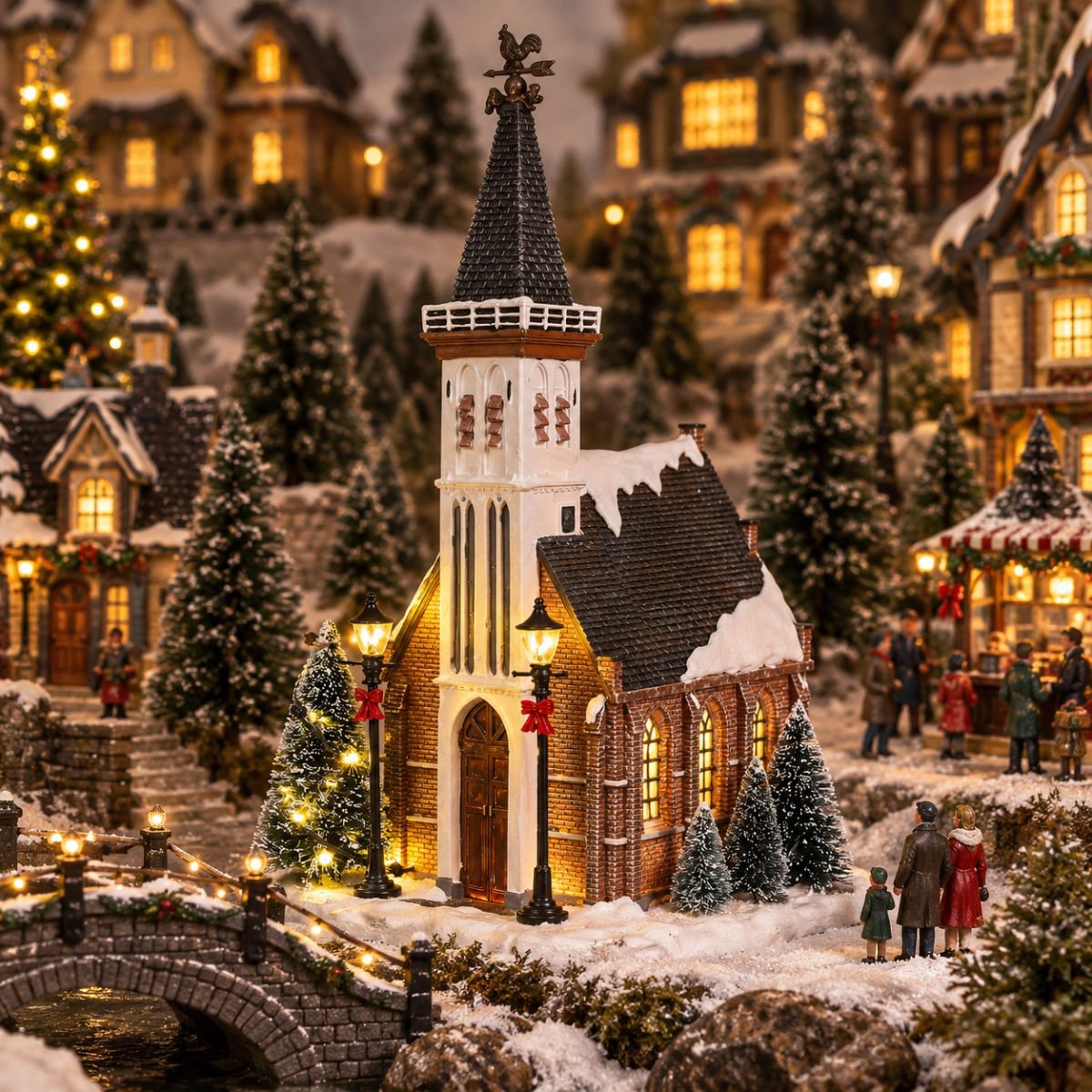 Kerstdorp kerk met verlichting en sneeuw, 15 × 16,5 × 31 cm