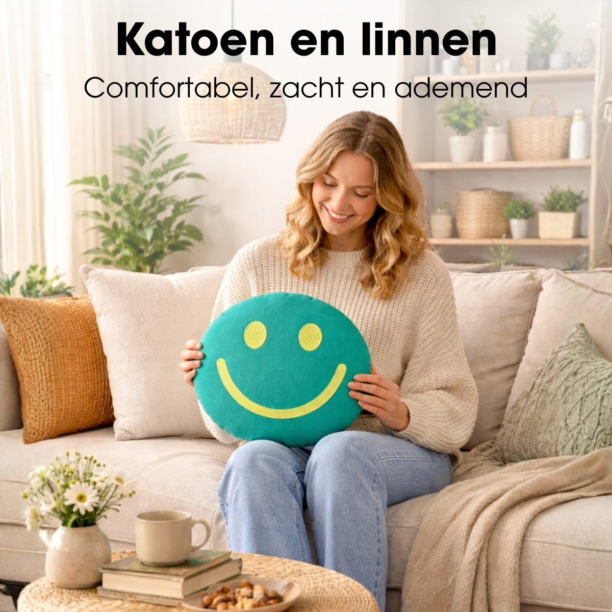 Sierkussen smiley groen rond, Ø45 cm