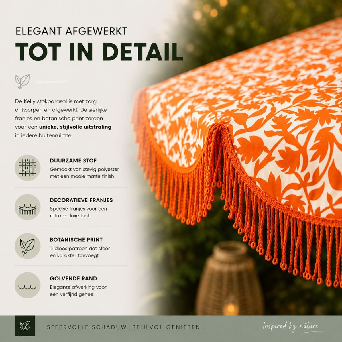 Oranje parasol met bloemenprint en franjes Ø235 cm