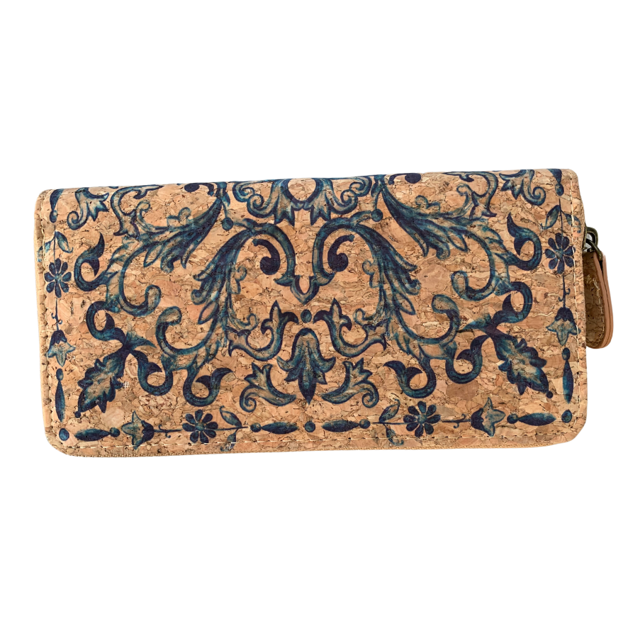 Kurken portemonnee met Delfts blauw patroon, 19 x 10 x 2,5 cm