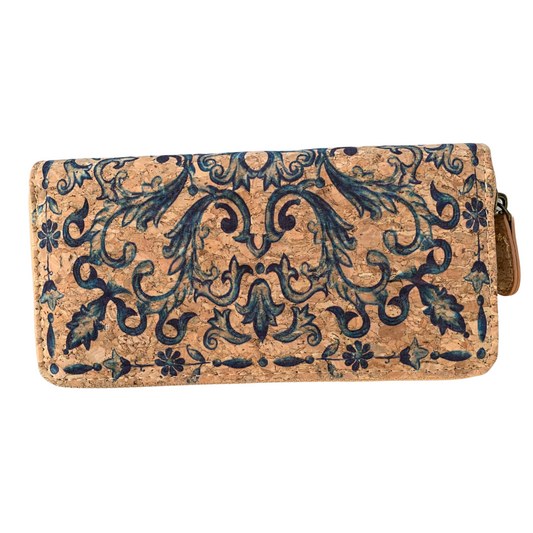 Kurken portemonnee met Delfts blauw patroon, 19 x 10 x 2,5 cm