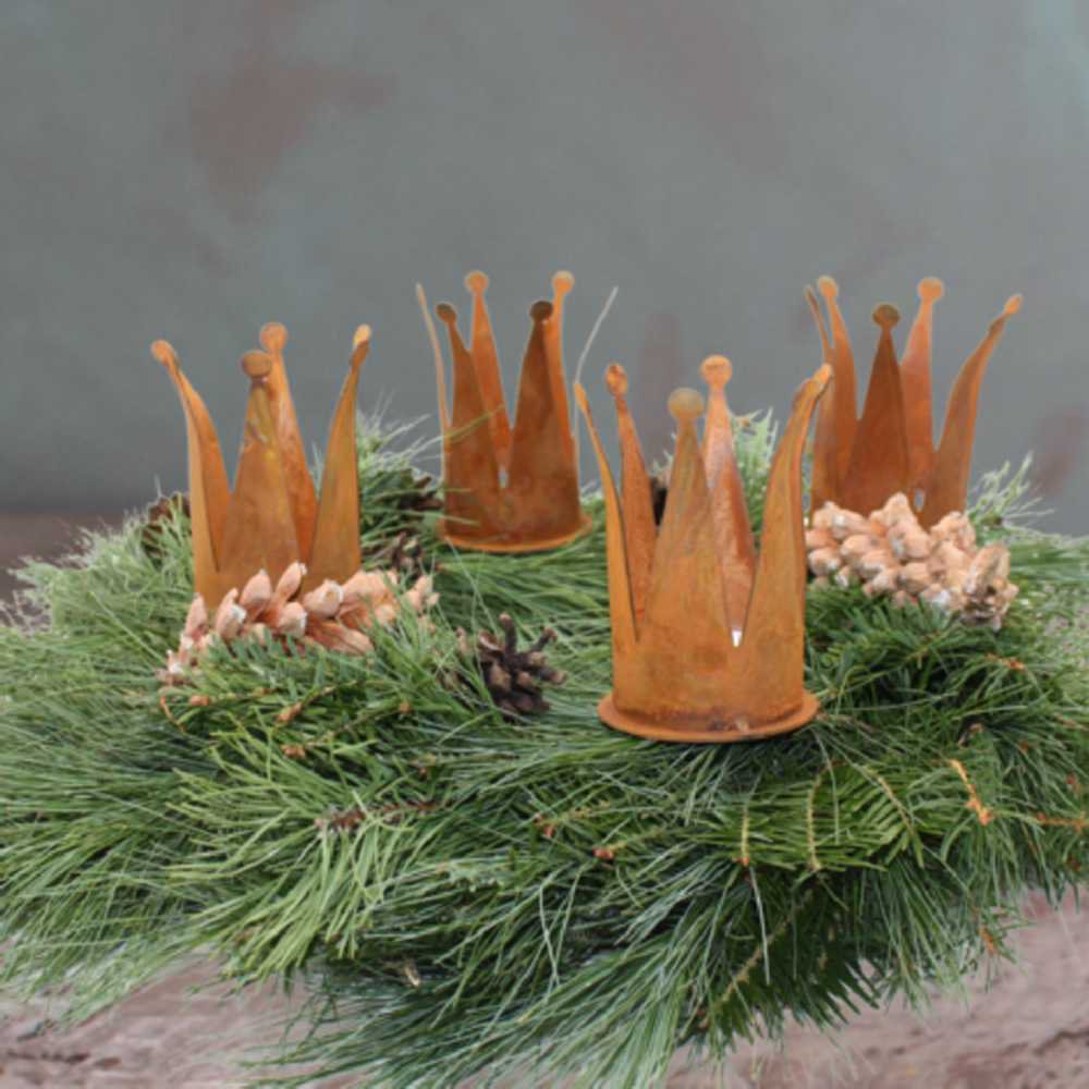 Theelichthouder kroon met grondpin, roestpatina, 15 cm