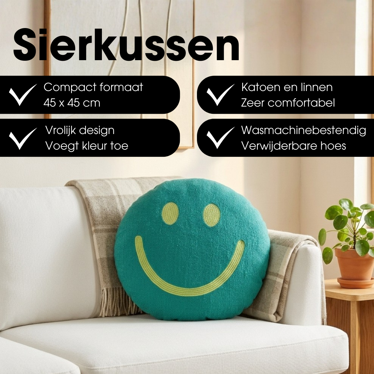 Sierkussen smiley groen rond, Ø45 cm