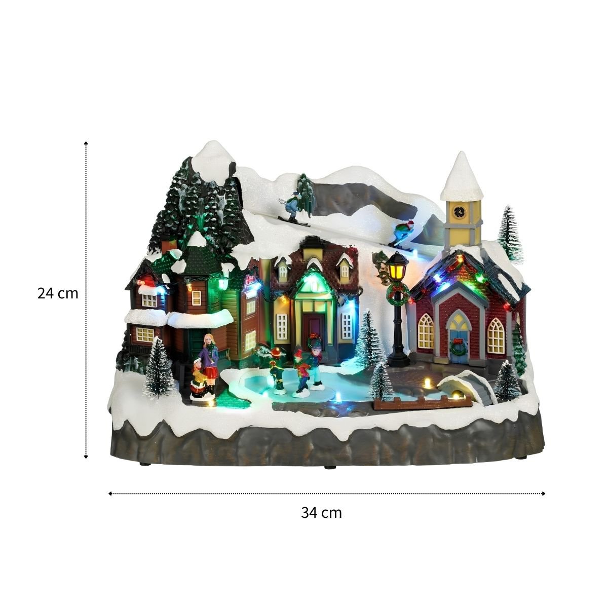 Kerstdorp miniatuur met schaatsers, verlichting en beweging, 34 × 18 × 24 cm