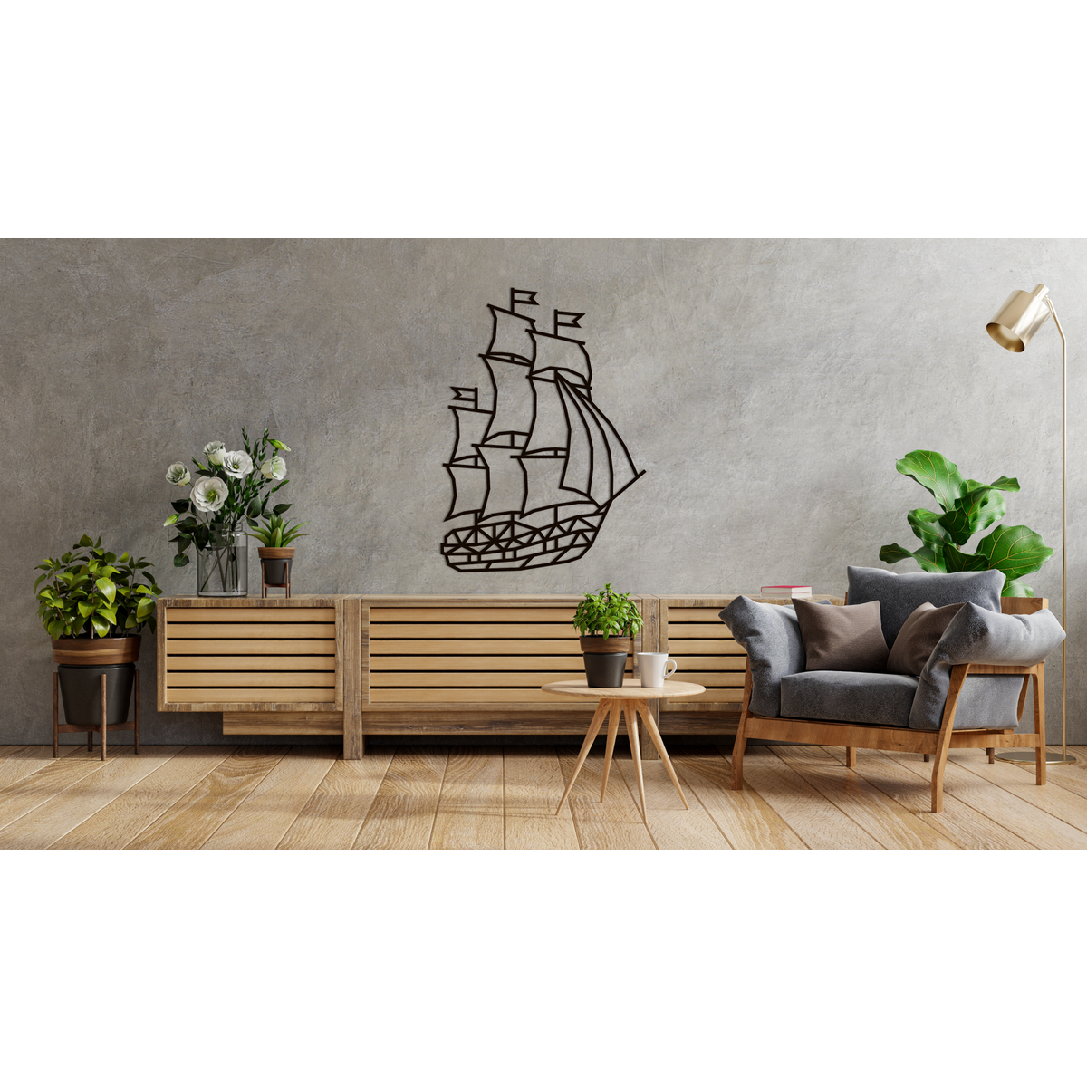Houten wandpuzzel schip, 59,7 × 82,7 cm