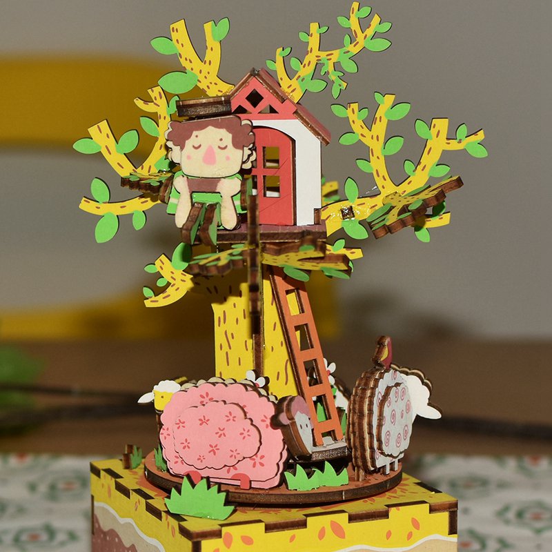 Houten bouwpakket muziekdoos boomhut 98 stukjes, 11,6 × 11,5 × 19,5 cm