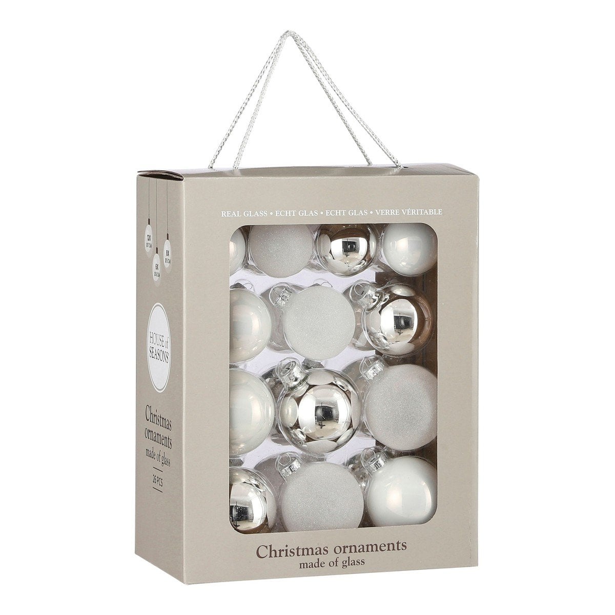 Witte glazen kerstballen set, 26 stuks
