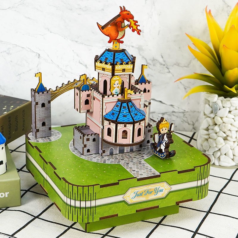 DIY 3D houten muziekdoos Fairytale Castle, 14 x 14 x 18,5 cm