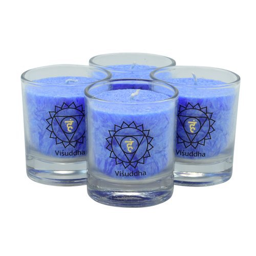 Visuddha chakra kaarsen lichtblauw, 6 × 6 cm set van 4
