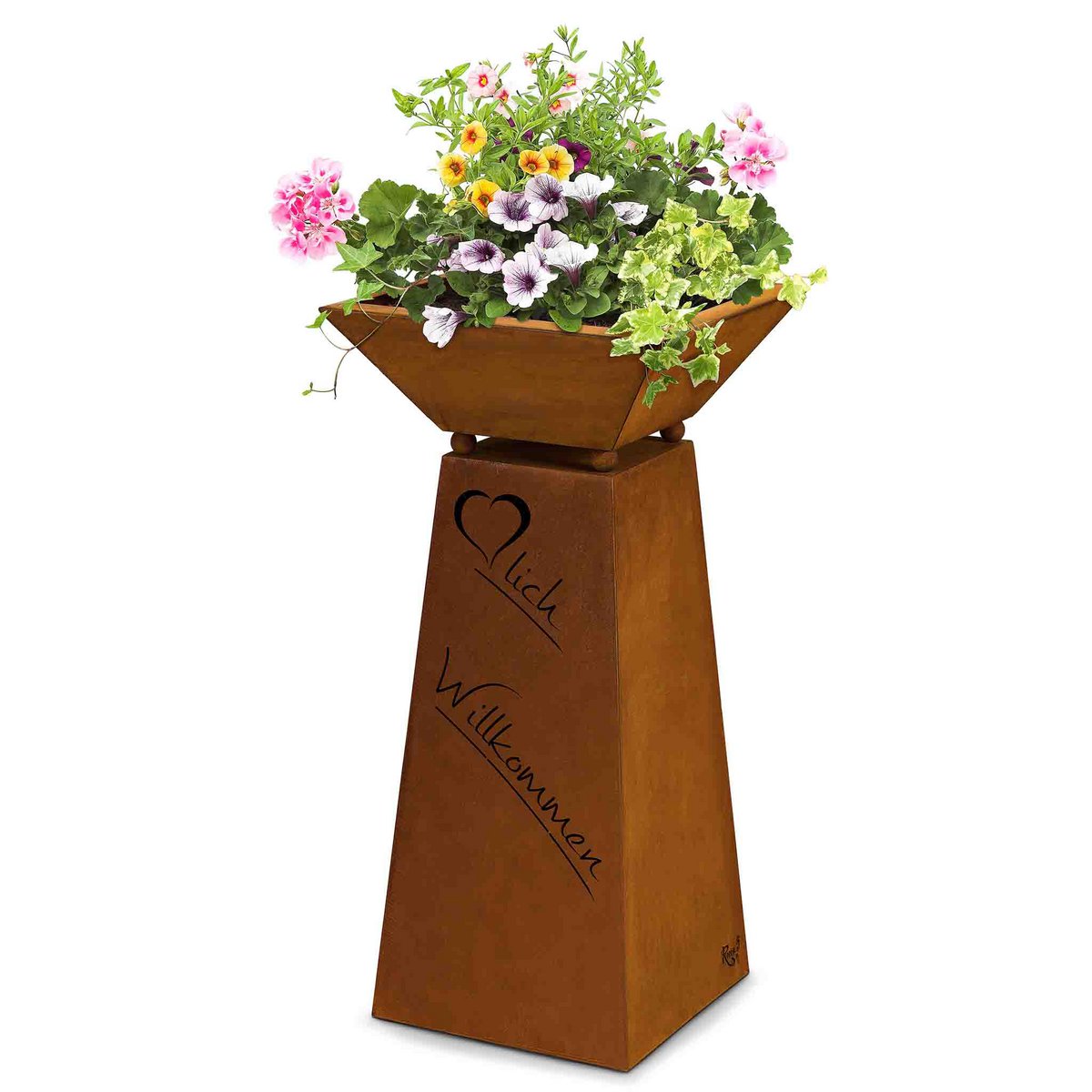 Welkomstzuil met bloemenschaal van roestpatina, 57 cm