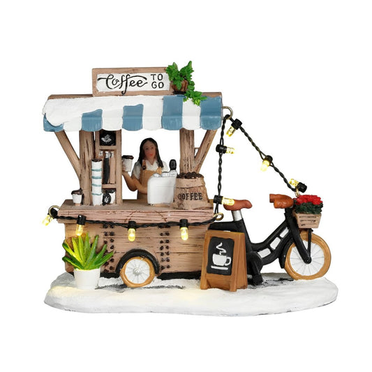 Kerstdorp miniatuur koffiekraam met verlichting, 13,5 × 8 × 11 cm