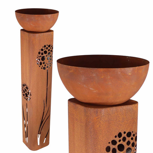 Vintage roest bloemenzuil met paardenbloemmotief – keuze uit zuil, kom of complete set