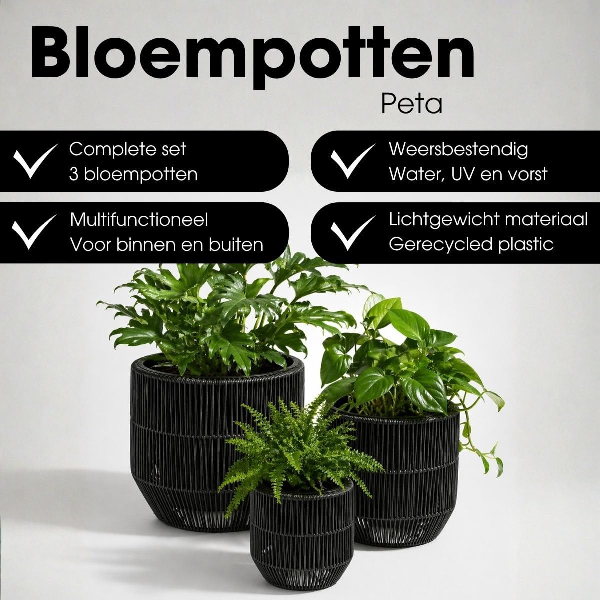 Peta bloempotten, set van 3, zwart