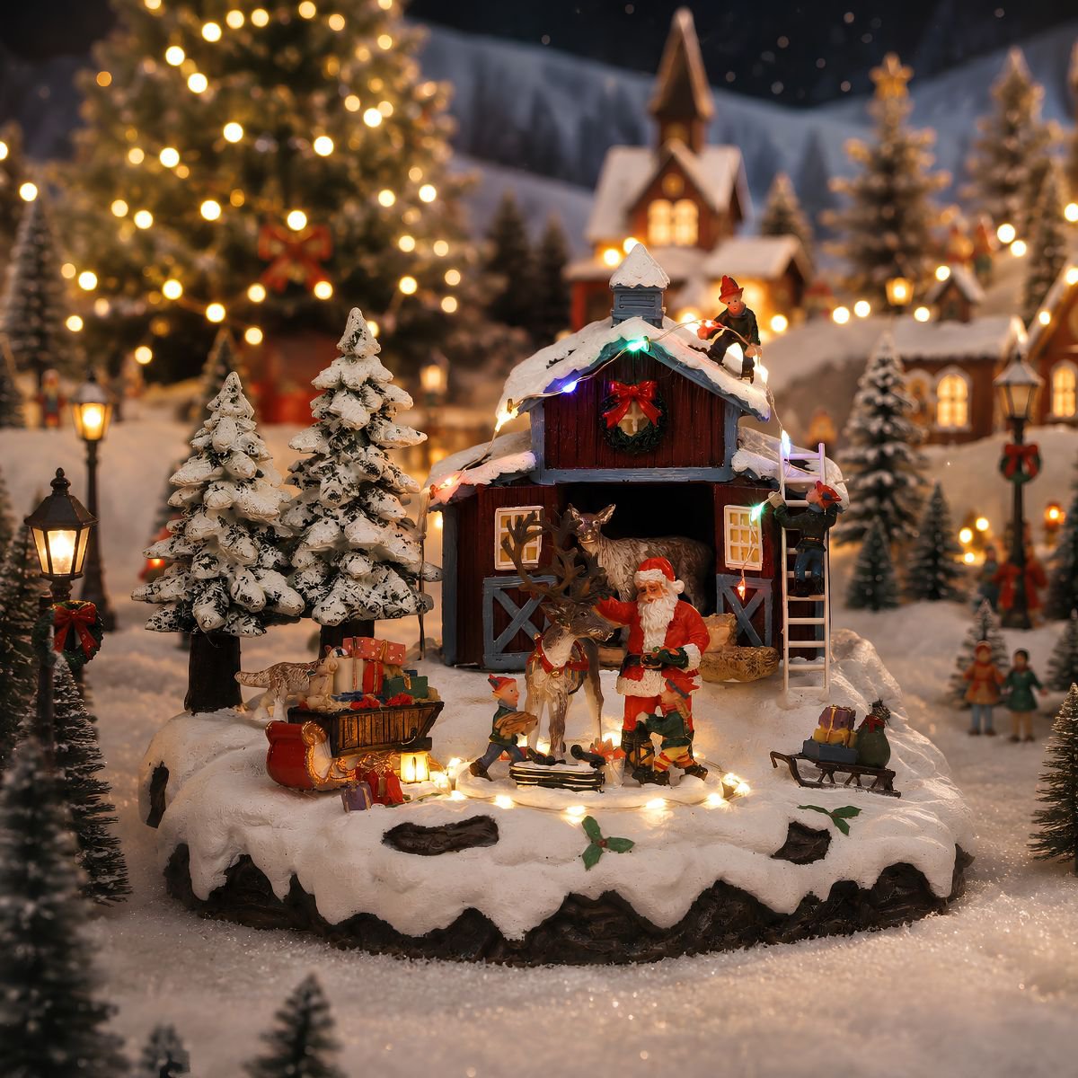 Kerstdorp tafereel met kerstman, elfjes en roterend plateau, 23,5 × 21 × 20 cm