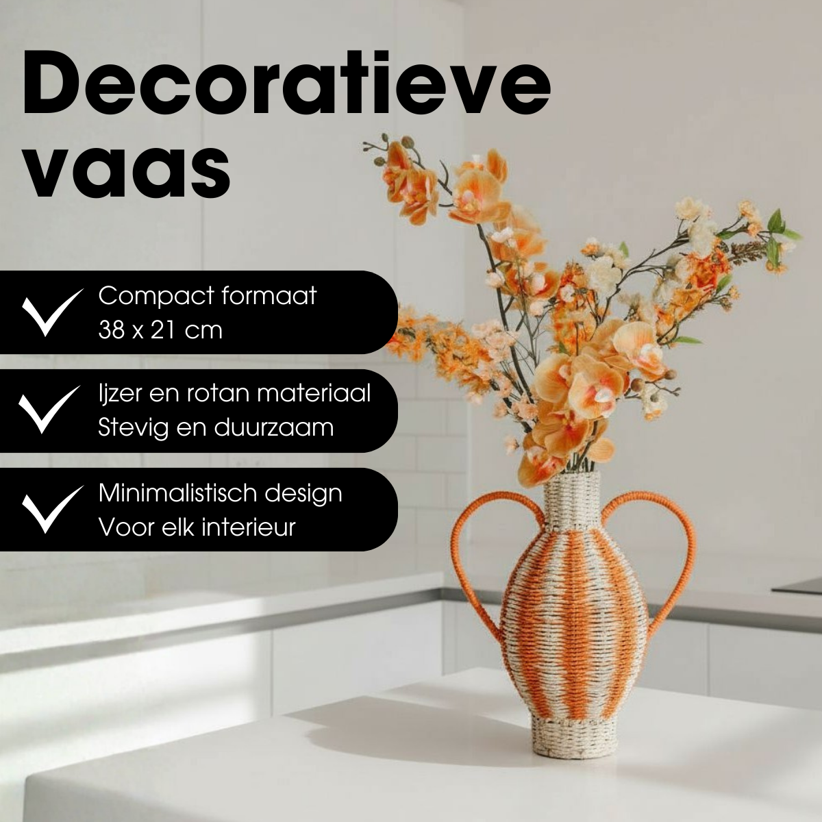 Geweven vaas met handgrepen, lichtgeel en oranje, 38 × Ø 21 cm