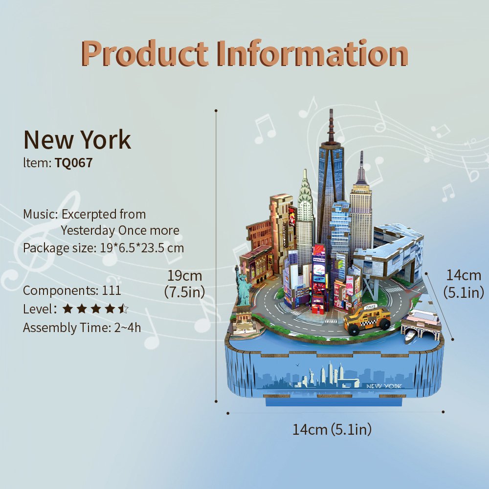 DIY 3D houten muziekdoos New York, 14 x 14 x 19 cm