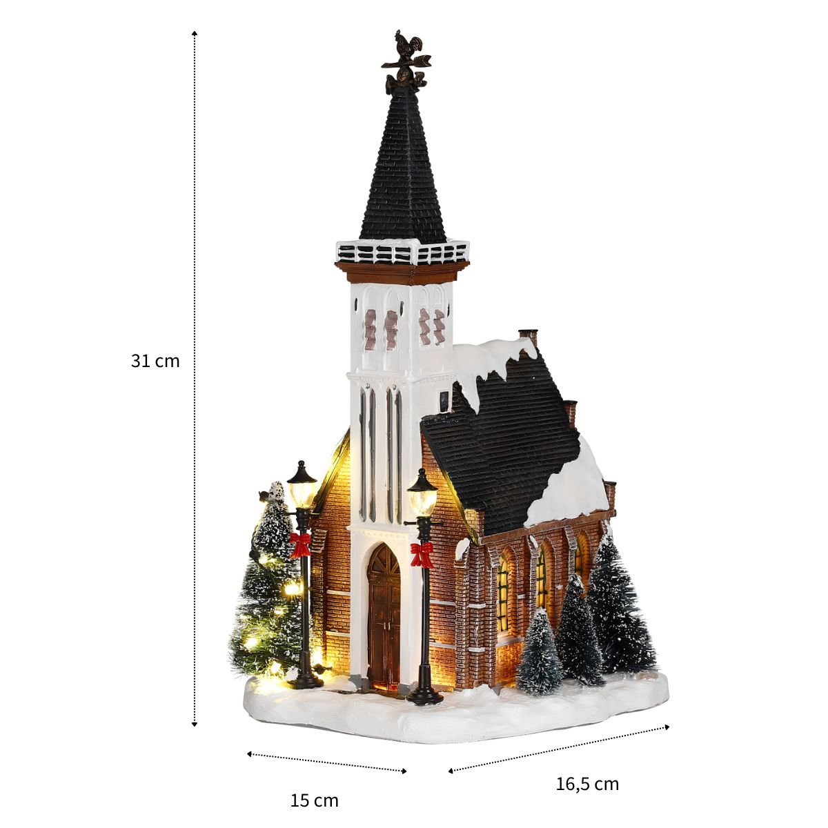 Kerstdorp kerk met verlichting en sneeuw, 15 × 16,5 × 31 cm
