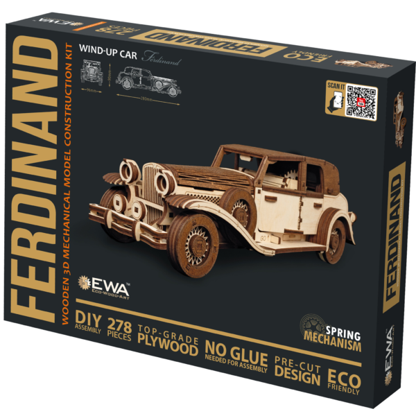 DIY houten mechanische puzzel oldtimer Ferdinand, 28 x 9,6 x 9 cm