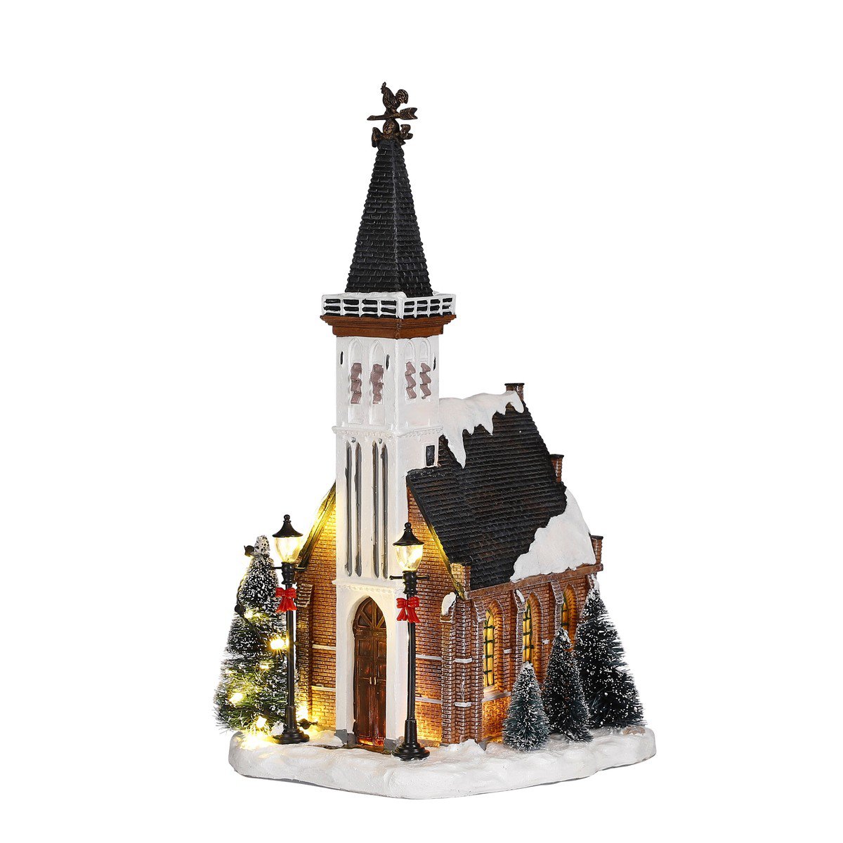 Kerstdorp kerk met verlichting en sneeuw, 15 × 16,5 × 31 cm