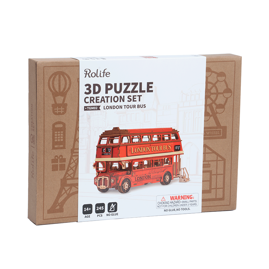 3D mechanische houten puzzel London tour bus 19,4 x 7,8 x 11,3 cm