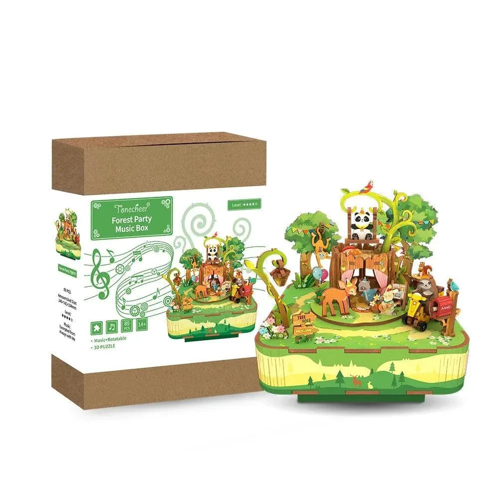 DIY 3D houten muziekdoos Forest Party, 14 x 14 x 15,4 cm