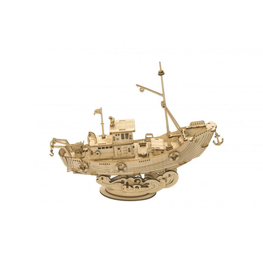 3D houten puzzel Fishing Ship, vintage scheepsmodel, 19x4,8x15,8cm