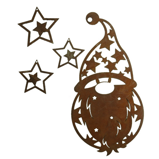 Roest metalen kerstman hanger met 3 sterren – decoratieset