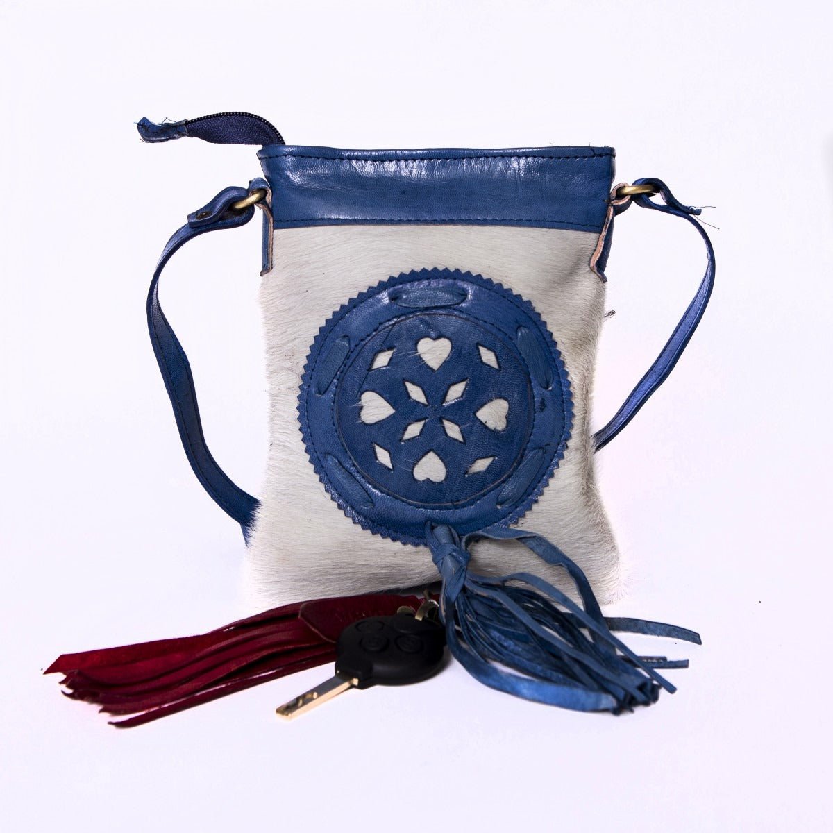 Farin leren heuptas en crossbodytas met koeienhuid, 15 × 3 × 20 cm