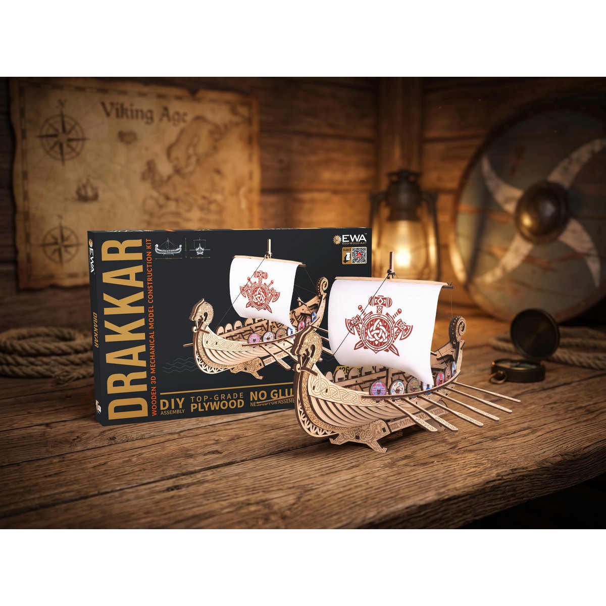Drakkar Vikingschip houten bouwpakket, 26 × 34 × 21,7 cm