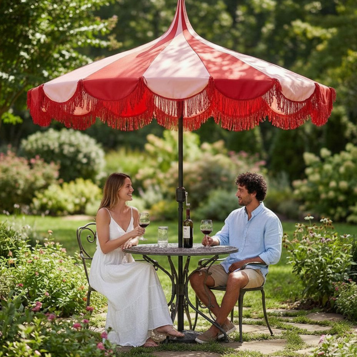 Rood gestreepte parasol met franjes Ø235 cm