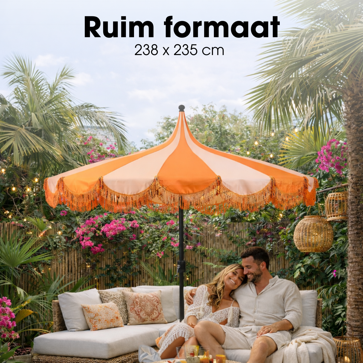 Oranje gestreepte parasol met franjes Ø235 cm